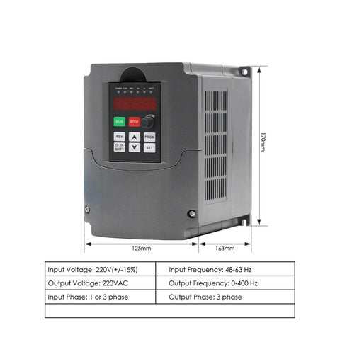 380V inverter for Beefy 1.5kW ER20 spindle motor, shown with control panel and dimensions 170x125x163mm.
