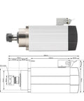 Beefy 1.5kW ER20 Spindle Motor With Water Cooled System diagram showing dimensions and square spindle design