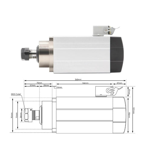 Beefy 1.5kW ER20 Spindle Motor With Water Cooled System diagram showing dimensions and square spindle design