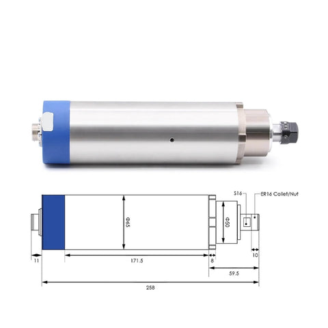 1.5kW ER16 Air Cooled Spindle Motor For Woodworking, 24000 RPM, 65x258mm Housing, side view with dimensions, 4 Bearing Design