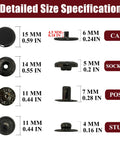 Detailed size specification of Leather Snap Fasteners Kit 12 Set 15mm Metal Snaps with Cap, Socket, Post, and Stud components.