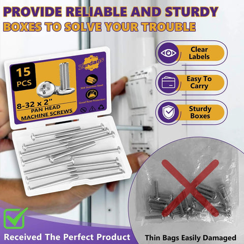8-32 x 2 Machine Screws, 15 PCS Phillips Pan Head shown in sturdy box with clear labels, 304 Stainless Steel for hardware repairs