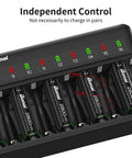 Close-up of 16 Bay AA AAA NiMH Battery Charger with Independent Channels and LED Indicators showing charging progress.