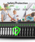 16 Bay AA AAA NiMH Battery Charger With Independent Channels And LED Indicators showing safety features in use with children in the background.