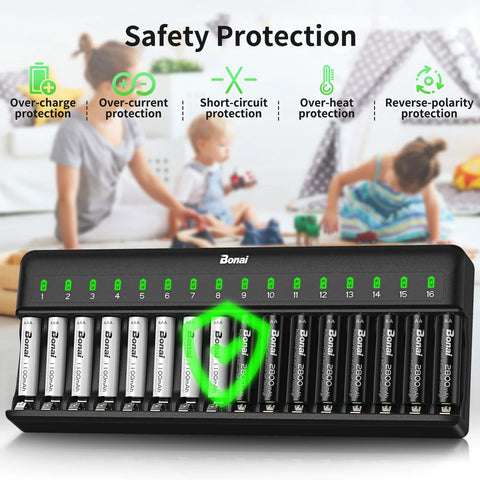 16 Bay AA AAA NiMH Battery Charger With Independent Channels And LED Indicators showing safety features in use with children in the background.