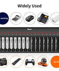 16 Bay AA AAA NiMH Battery Charger With Independent Channels And LED Indicators, shown with various electronic devices.