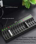 16 Bay AA AAA NiMH Battery Charger With Independent Channels And LED Indicators, showing charging progress on table