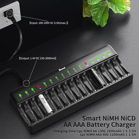 16 Bay AA AAA NiMH Battery Charger With Independent Channels And LED Indicators, showing charging progress on table