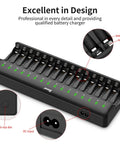 16 Bay AA AAA NiMH Battery Charger With Independent Channels And LED Indicators, showing charging slots and LED lights.
