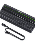 16 Bay AA AAA NiMH Battery Charger With Independent Channels And LED Indicators, front view with power cord