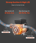 Workhorse 16 GPM Oil Transfer Pump For Diesel Kerosene Biodiesel from VEVOR, showcasing max suction and discharge lift with size details.