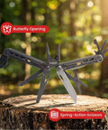 Open 16 In 1 Stainless Steel Multitool Pliers With Adjustable Hex Wrench And Damascus Pocket Knife On Wood Stump