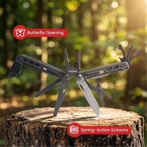 Open 16 In 1 Stainless Steel Multitool Pliers With Adjustable Hex Wrench And Damascus Pocket Knife On Wood Stump