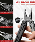 16 In 1 Stainless Steel Multitool Pliers With Adjustable Hex Wrench And Damascus Pocket Knife showcasing needle-nose pliers, standard pliers, and wire cutter.