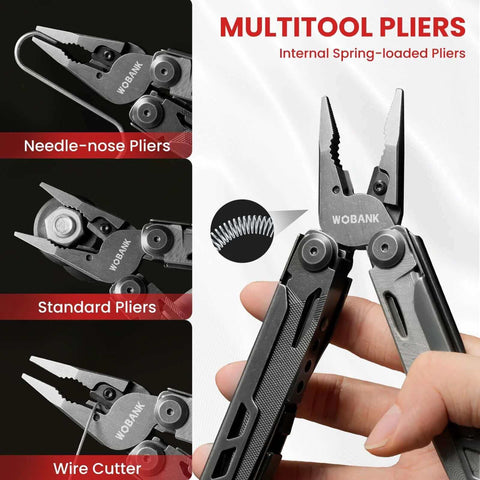 16 In 1 Stainless Steel Multitool Pliers With Adjustable Hex Wrench And Damascus Pocket Knife showcasing needle-nose pliers, standard pliers, and wire cutter.