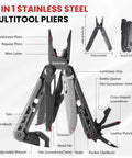 16 In 1 Stainless Steel Multitool Pliers With Adjustable Hex Wrench And Damascus Pocket Knife for outdoor use, shown with labeled tools.