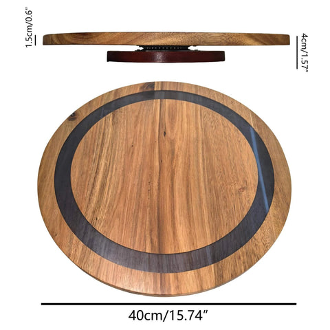 16 inch large lazy susan turntable made from acacia wood and resin, top view of charcuterie board with black accent.
