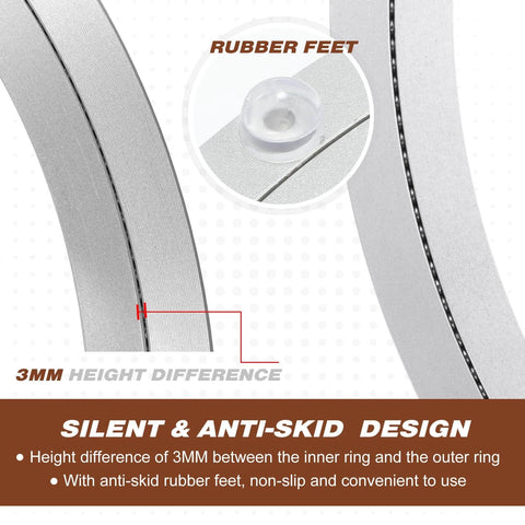Close-up of aluminum turntable showing rubber feet and 3mm height difference for 2 Pack 16 Inch Aluminum Lazy Susan Turntable Bearings.