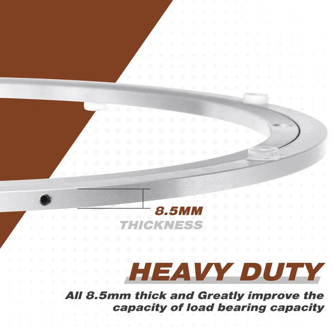 Close-up of 2 Pack 16 Inch Aluminum Lazy Susan Turntable Bearings showing 8.5mm thickness for heavy duty use.