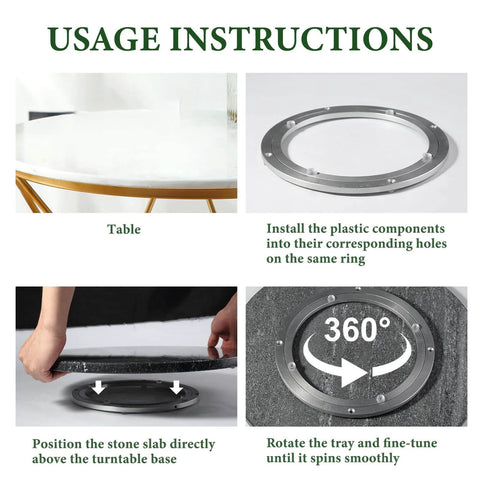 Usage instructions for 16 inch black marble lazy susan for kitchen use, natural stone rotating serving and organizer tray.