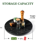 16 inch black marble lazy susan for kitchen use, natural stone rotating serving and organizer tray with storage capacity and items displayed.