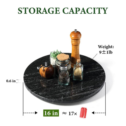 16 inch black marble lazy susan for kitchen use, natural stone rotating serving and organizer tray with storage capacity and items displayed.