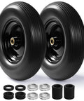 16 Inch Flat Free PU Tire 2 Pack heavy duty solid polyurethane replacement wheels with steel hubs and 5/8 and 3/4 inch bearings.