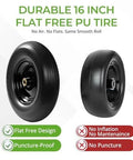 16 Inch Flat Free PU Tire 2 Pack heavy duty solid polyurethane replacement wheels showing flat free design and puncture-proof features.