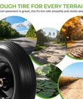 Close-up of 16 Inch Flat Free PU Tire 2 Pack showcasing tough treads for all terrain use, ideal for wheelbarrows and garden carts.