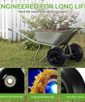 16 Inch Flat Free PU Tire 2 Pack heavy duty solid polyurethane replacement wheels on wheelbarrow with flowers.