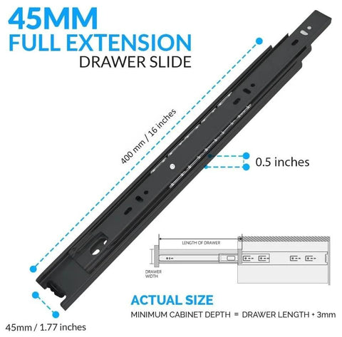 Diagram of 2 Pack 16 Inch Drawer Slides Side Mount Rails Heavy Duty Full Extension Ball Bearing Draw Slides size details.