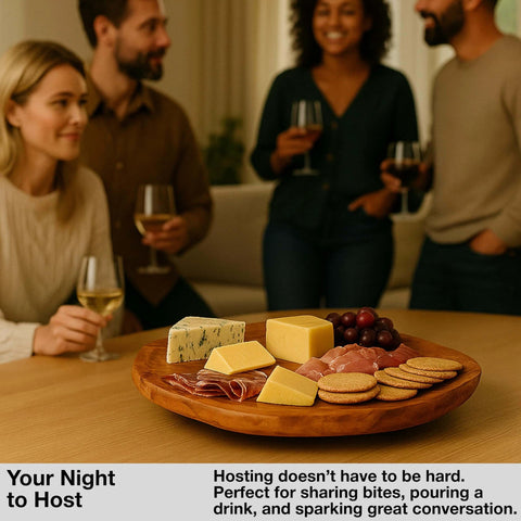 16 inch handmade root wood lazy susan turntable with cheese, charcuterie, and crackers on a dining table.