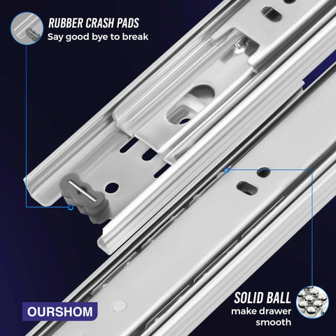 Close-up of 16 Inch Drawer Slides 1 Pairs (2pcs) Heavy Duty Full Extension Ball Bearing, featuring rubber crash pads and solid ball design.