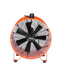 Front view of Heavy Duty 16 Inch Utility Blower Fan With Two Speeds Delivers Beastly 5175 CFM At High And 4475 CFM At Low Portable Industrial Exhaust Ventilator With 33 Feet Duct Hose For Basements Warehouses And Workshops, showing fan blades inside a protective orange housing.