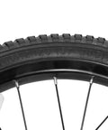 Close-up of 16 Inch Kids Bike Front Wheel Replacement with Air Rubber Tire, Black Steel Rim, Stainless Spokes, 3/8 inch axle.