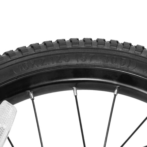 Close-up of 16 Inch Kids Bike Front Wheel Replacement with Air Rubber Tire, Black Steel Rim, Stainless Spokes, 3/8 inch axle.