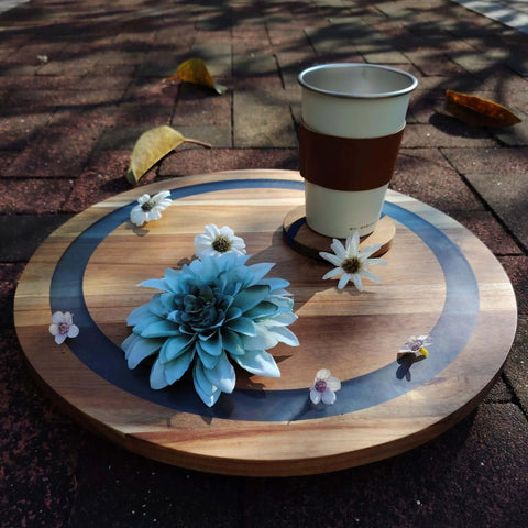 16 inch large lazy susan turntable made from acacia wood and resin, rotating serving tray with flowers and a cup.