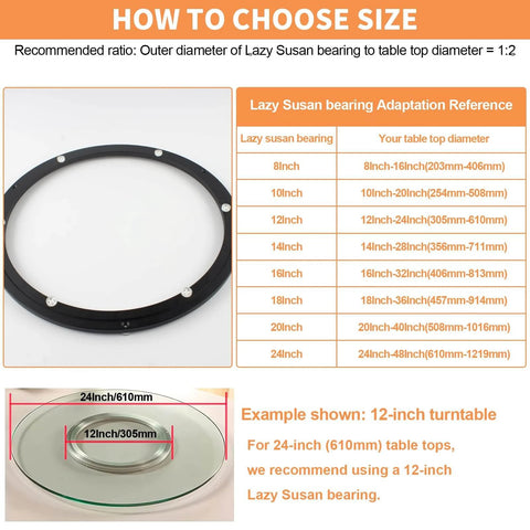 Size guide for 16 Inch Lazy Susan Hardware Heavy Duty Metal Rotating Turntable Bearing Ring Black Base with dimensions and recommendations