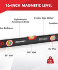 16-Inch Magnetic Torpedo Level With 3 High-Visibility Vials For 45 90 And 180 Degree Readings, Fluorescent Windows, Aluminum Alloy Body