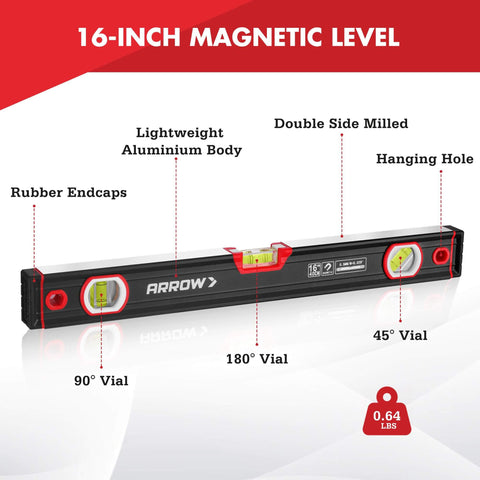 16-Inch Magnetic Torpedo Level With 3 High-Visibility Vials For 45 90 And 180 Degree Readings, Fluorescent Windows, Aluminum Alloy Body