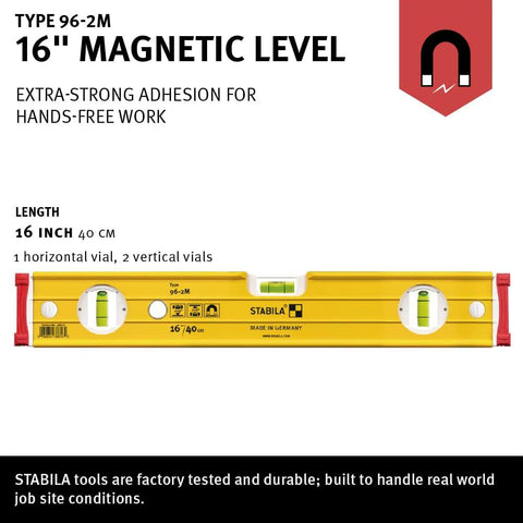 Front view of the Stabila Type 96M Magnetic Level 16 Inch Professional Builder Tool, showing rare earth magnets and horizontal and vertical vials.