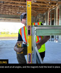 Construction worker using Stabila Type 96M Magnetic Level 16 Inch Professional Builder Tool with Rare Earth Magnets on metal studs