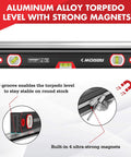 16-Inch Magnetic Torpedo Level With 3 High-Visibility Vials For 45 90 And 180 Degree Readings, Fluorescent Windows, Aluminum Alloy Body