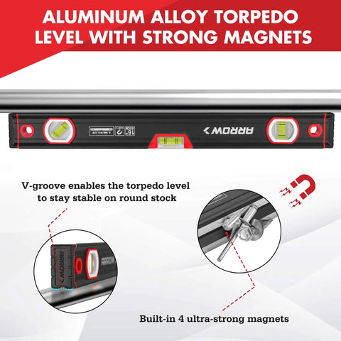 16-Inch Magnetic Torpedo Level With 3 High-Visibility Vials For 45 90 And 180 Degree Readings, Fluorescent Windows, Aluminum Alloy Body