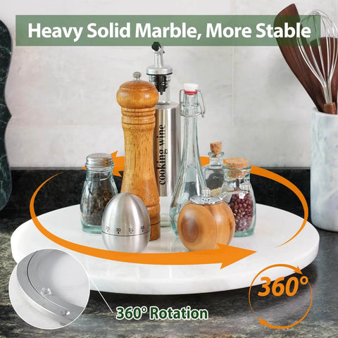 16 inch marble lazy susan turntable organizer made from natural stone, rotating tray with spices and kitchen items.