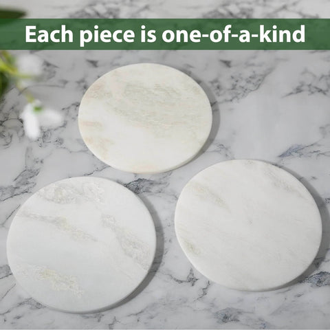 Close-up of three unique 16 inch marble lazy susan turntable organizer made from natural stone, rotating trays for kitchen.