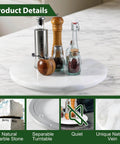 16 inch marble lazy susan turntable organizer made from natural stone, rotating tray with spice jars on kitchen counter.