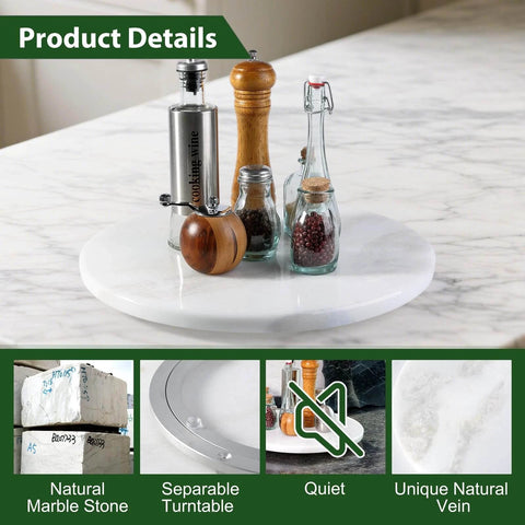 16 inch marble lazy susan turntable organizer made from natural stone, rotating tray with spice jars on kitchen counter.