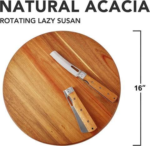 16 inch acacia wood lazy susan cabinet organizer, solid wood rotating turntable tray with knife on top.