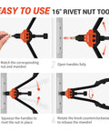 Installation guide for Rivet Nut Tool Kit 16 Inch Pro Grade Set showing step-by-step usage instructions on a metal surface.